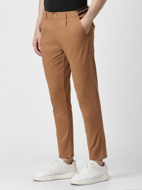 peter england brown cotton carrot fit trousers