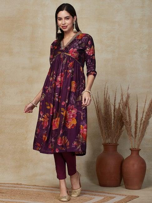 fashor purple floral print straight kurta