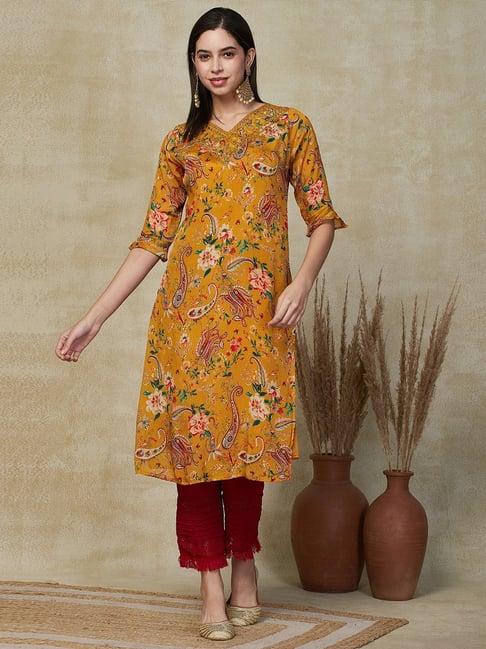 fashor yellow floral print straight kurta