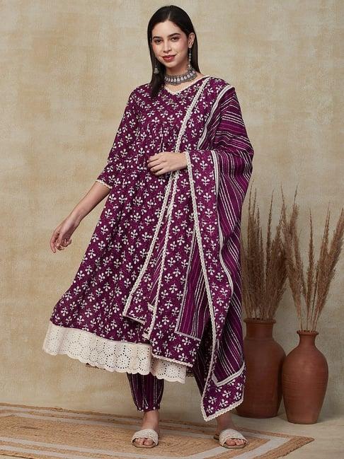 fashor purple cotton printed kurta salwaar set with dupatta