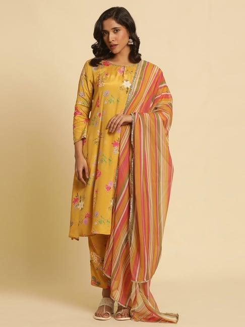 w yellow printed kurta pant set with dupatta