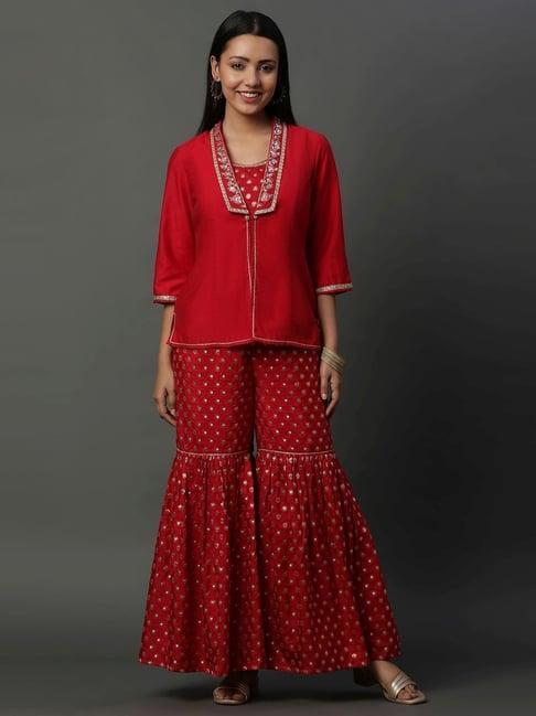 aurelia red embellished crop top sharara set with jacket