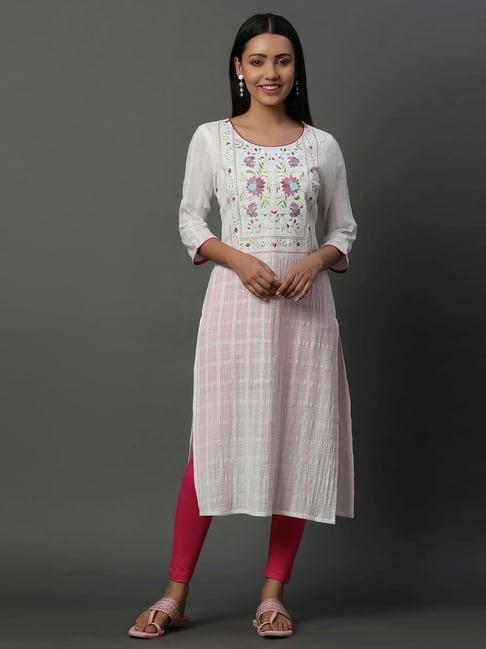 aurelia white cotton embroidered straight kurta