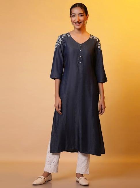 aurelia blue embroidered straight kurta