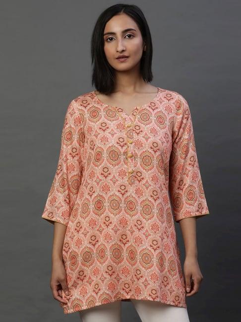 aurelia peach cotton printed straight short kurti