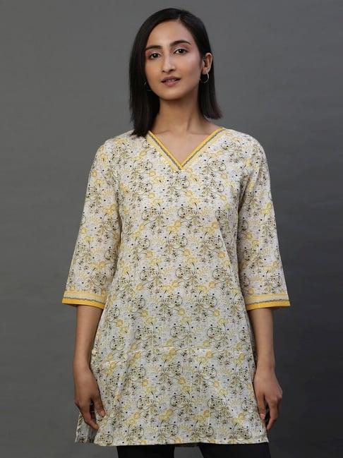 aurelia off-white & yellow cotton printed straight short kurti