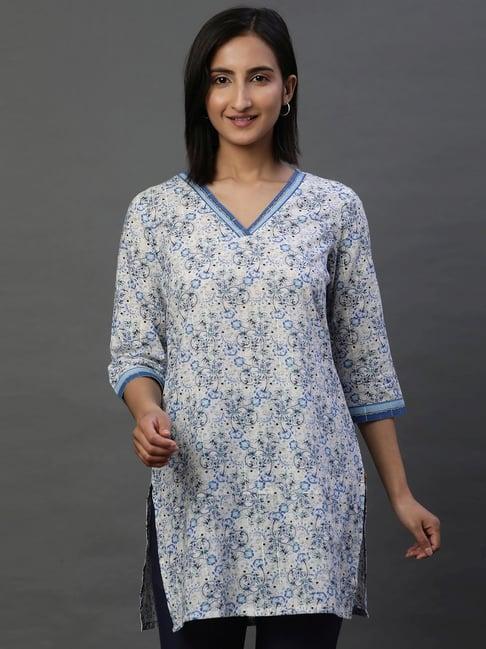 aurelia off-white & blue cotton printed straight short kurti