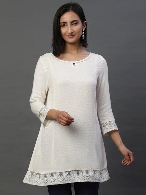 aurelia white woven pattern a line short kurti