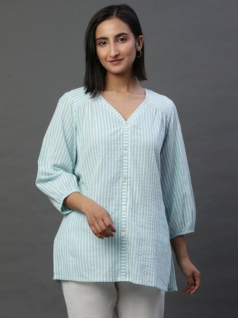 aurelia blue cotton striped straight short kurti