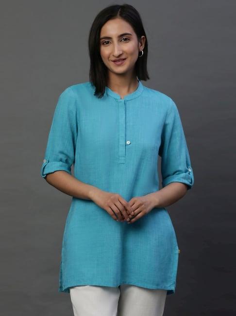 aurelia blue woven pattern straight short kurti