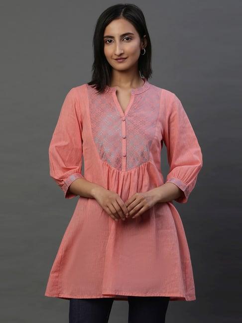 aurelia pink cotton woven pattern a line short kurti