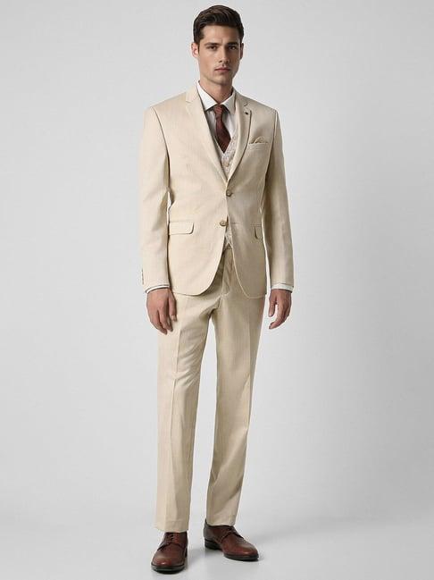 van heusen beige slim fit texture three piece suit