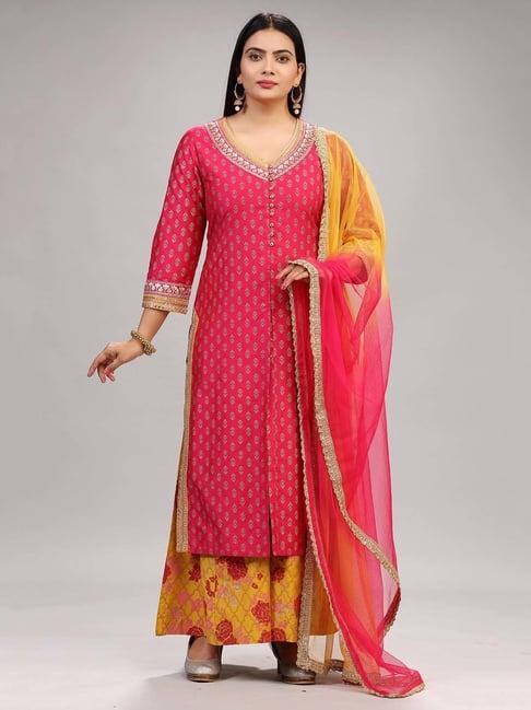 cotton culture pink & mustard printed kurta with palazzo & dupatta