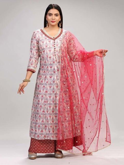 cotton culture cream & maroon printed kurta with palazzo & dupatta