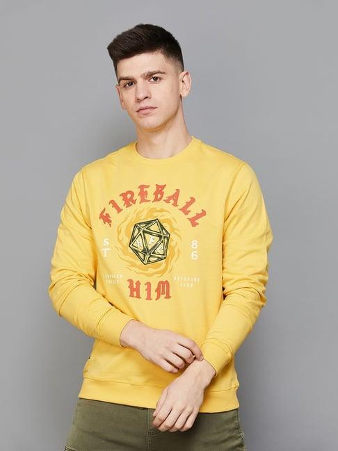 forca by lifestyle yellow cotton regular fit printed sweatshirt