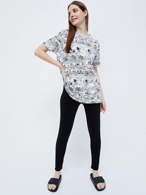 ginger by lifestyle white & black cotton printed t-shirt pyjamas set