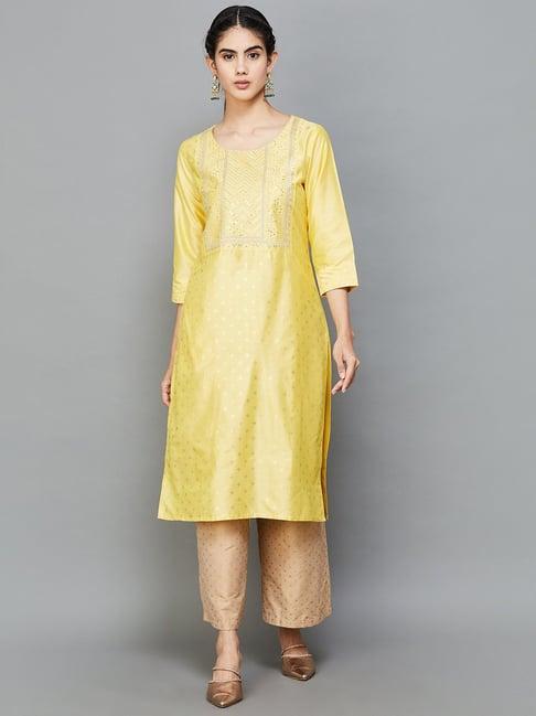 melange by lifestyle yellow embroidered straight kurta