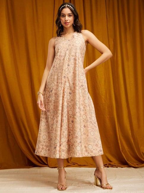 pink fort beige floral print a-line dress