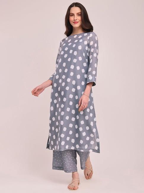 pink fort grey printed kurta palazzo set