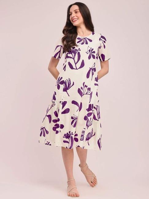 pink fort white cotton floral print a-line dress