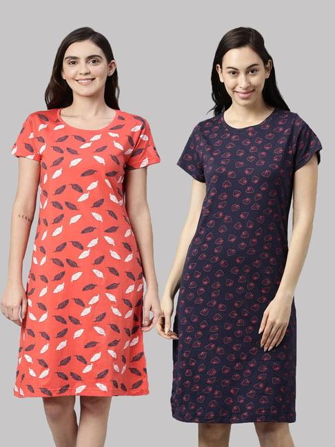 kryptic navy & orange cotton printed night dress (pack of 2)