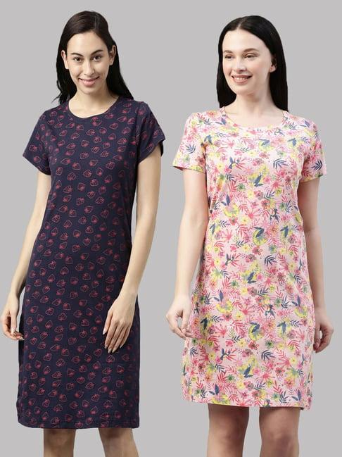 kryptic navy & pink cotton printed night dress (pack of 2)