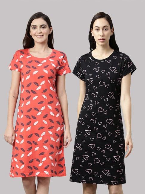 kryptic orange & black cotton printed night dress (pack of 2)