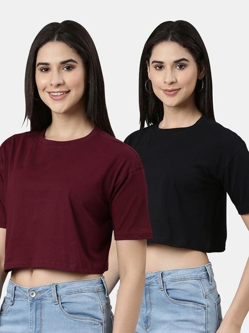 kryptic maroon & black cotton relaxed fit crop t-shirt (pack of 2)