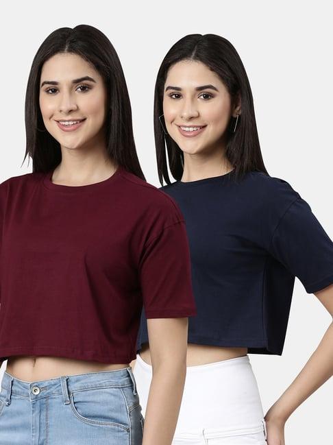 kryptic maroon & navy cotton relaxed fit crop t-shirt (pack of 2)