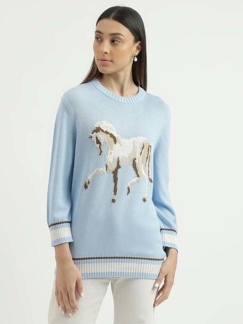 united colors of benetton blue cotton self pattern sweater