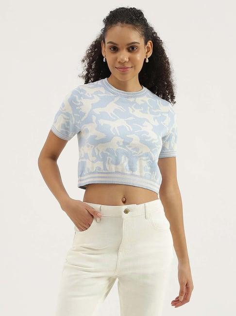 united colors of benetton blue cotton printed crop top