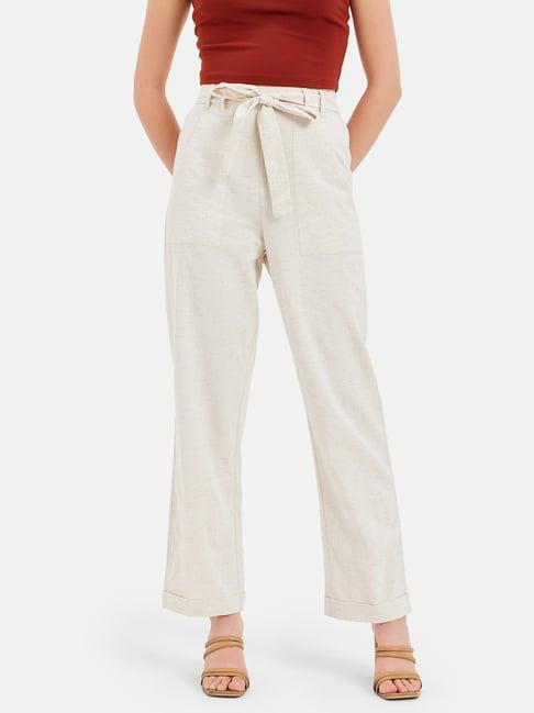 kazo beige linen straight fit high rise trousers