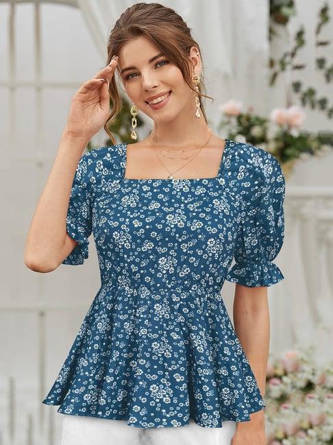 keri perry blue cotton floral print top