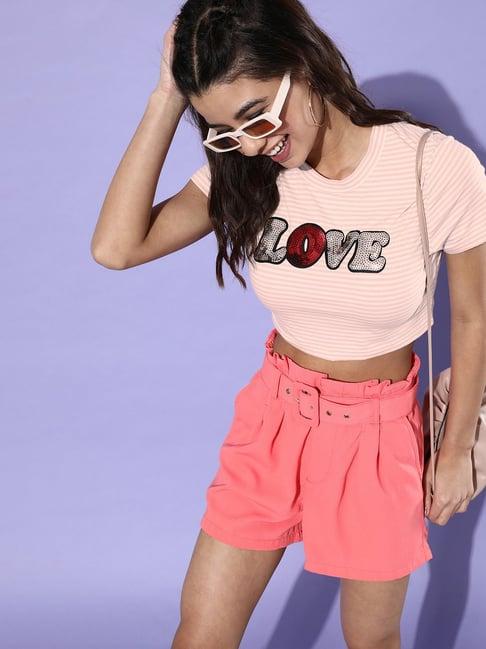 kassually pink embellished crop t-shirt