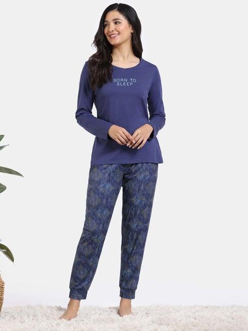 zivame blue printed t-shirt joggers set