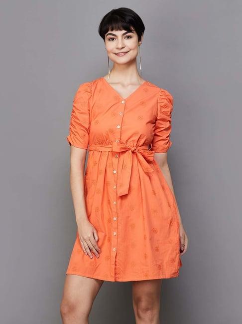 fame forever by lifestyle orange cotton embroidered shirt dress