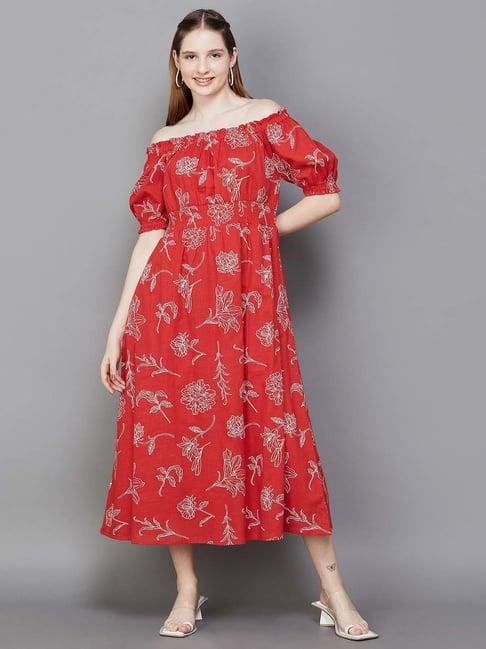 colour me by melange red cotton floral print a-line dress