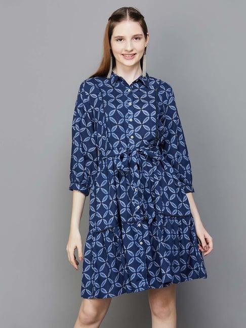 colour me by melange blue printed shirt dress