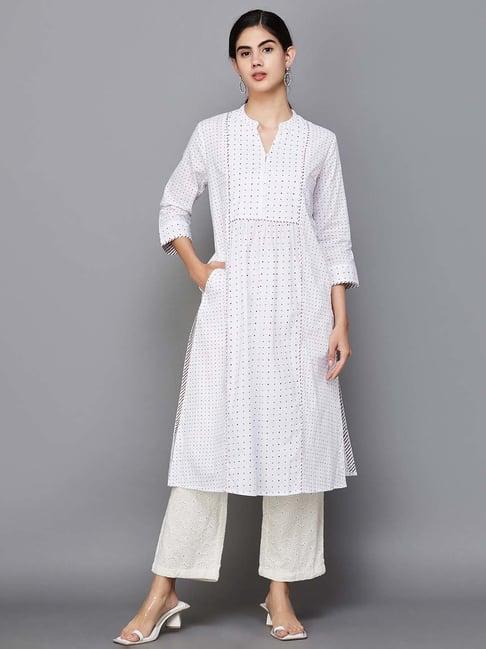 melange by lifestyle white polka dots straight kurta