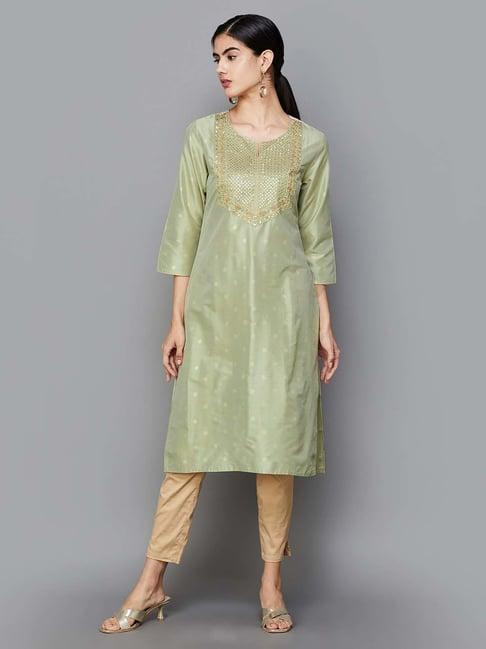 melange by lifestyle sage green embroidered straight kurta