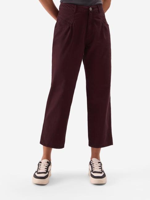 the souled store wine cotton regular fit high rise pants