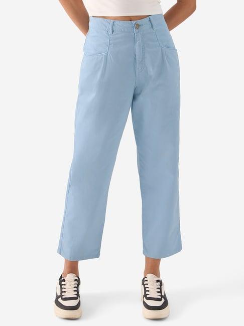 the souled store blue cotton regular fit high rise pants