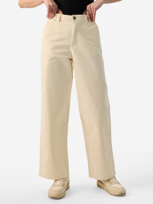 the souled store off white cotton straight fit high rise pants