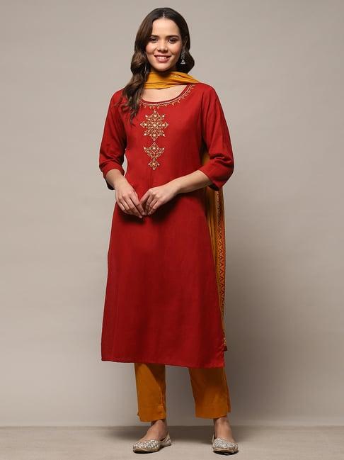 biba maroon embroidered cotton unstitched dress material