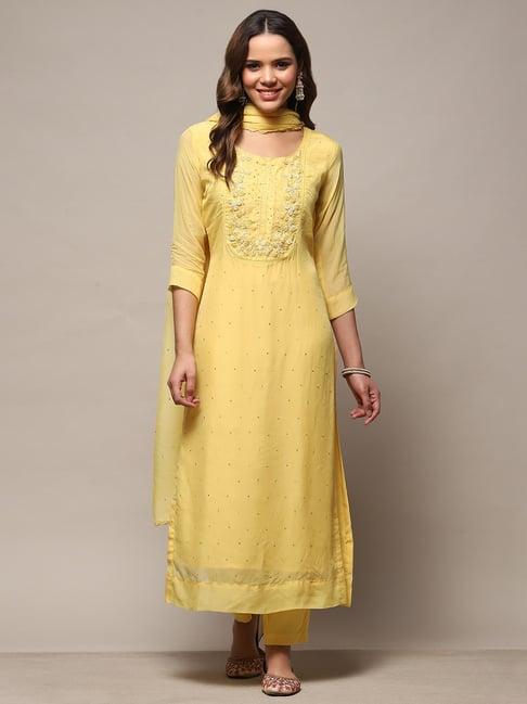 biba yellow embroidered unstitched dress material