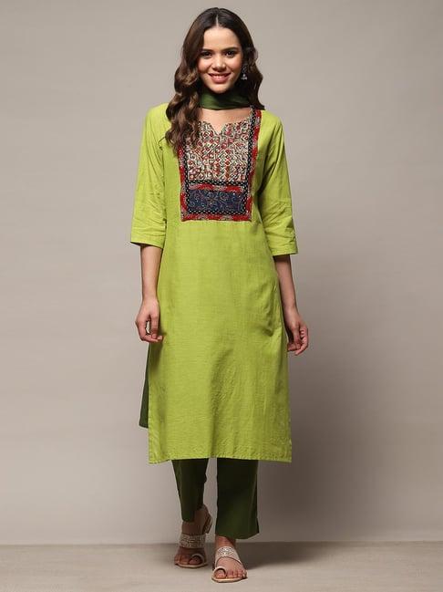 biba green printed cotton unstitched dress material