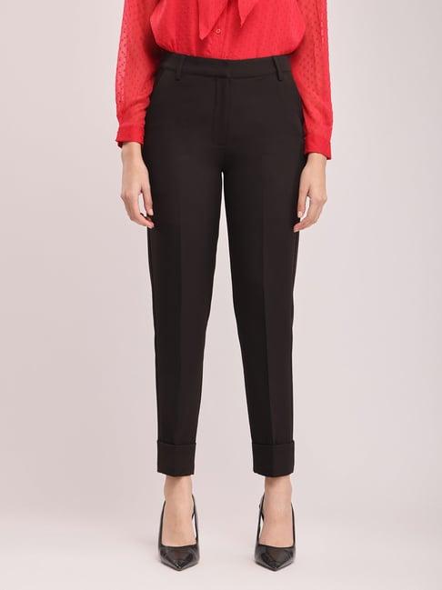 fablestreet black polyester straight fit trousers