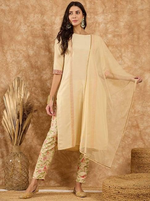 ziyaa beige printed kurta with pant & dupatta