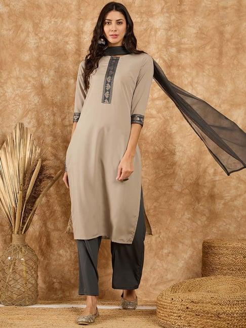 ziyaa beige & grey printed kurta with palazzo & dupatta