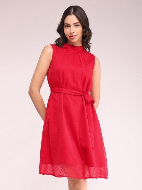 fablestreet red self design wrap dress